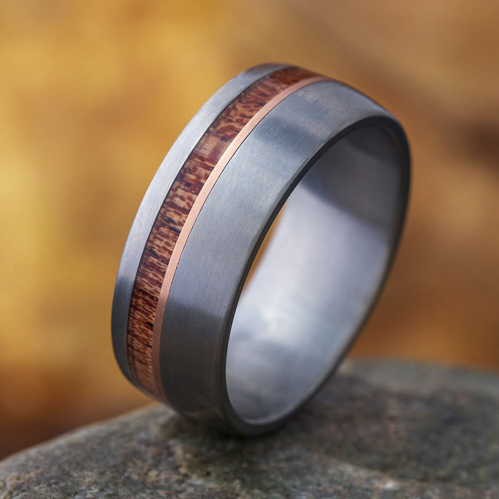 Titanium Ring with Ironwood and Rose Gold Wedding Band-1715 - Jewelry by Johan