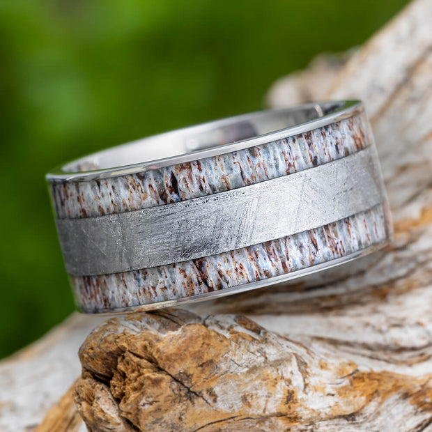 Meteorite and Deer Antler Wedding Band for Men