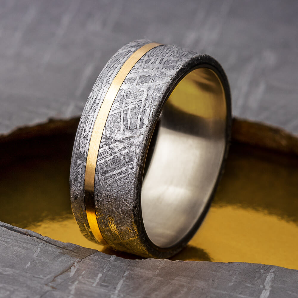 Meteorite Ring with Yellow Gold Pinstripe on Titanium Band-1767 - Jewelry by Johan