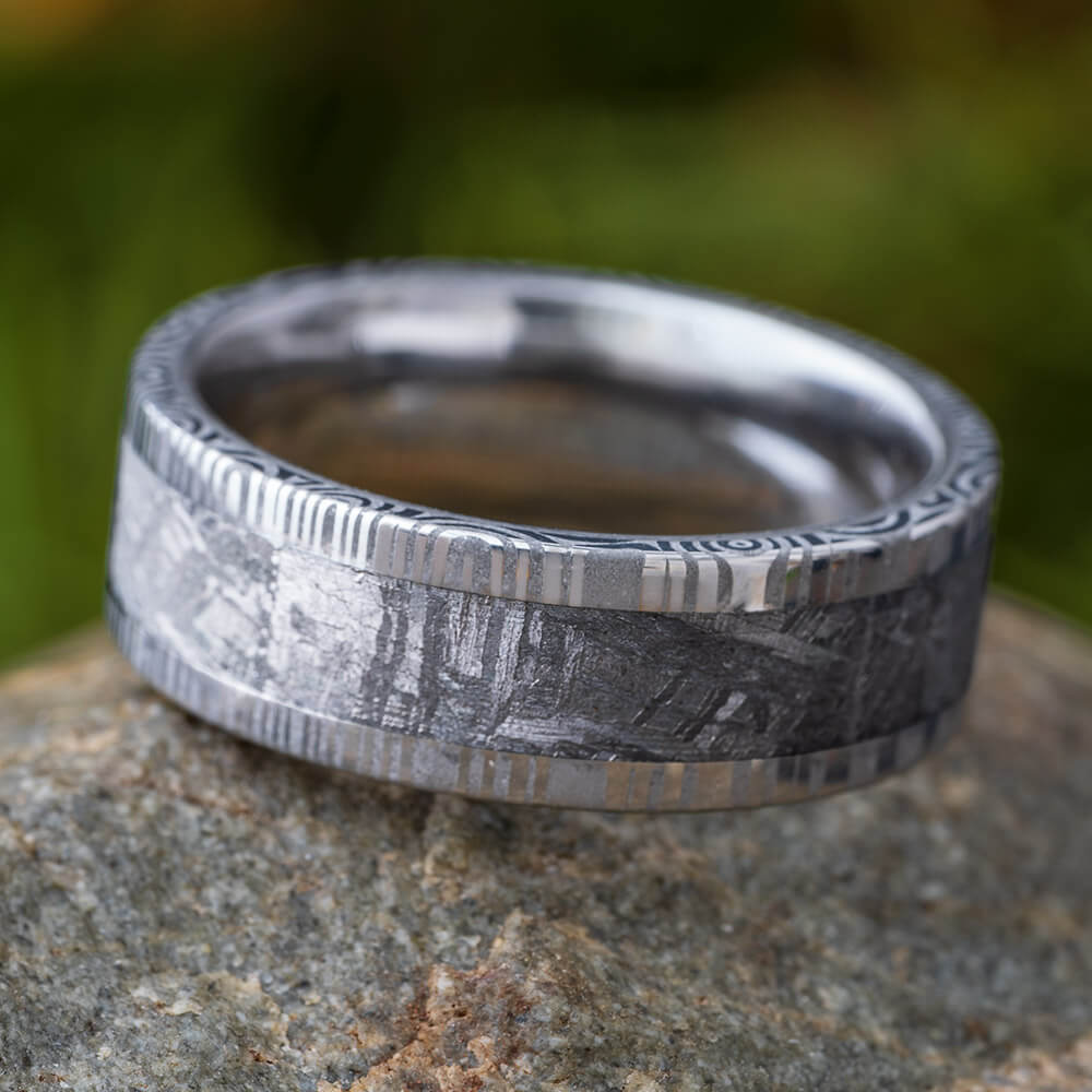Damascus Ring with Gibeon Meteorite in Stainless Steel-1779 - Jewelry by Johan