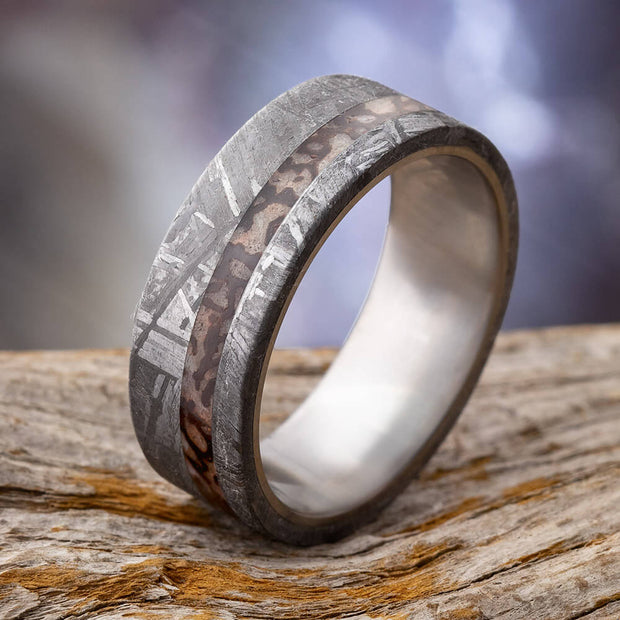 Meteorite Wedding Band Ring with Dinosaur Bone and Titanium-1783 - Jewelry by Johan