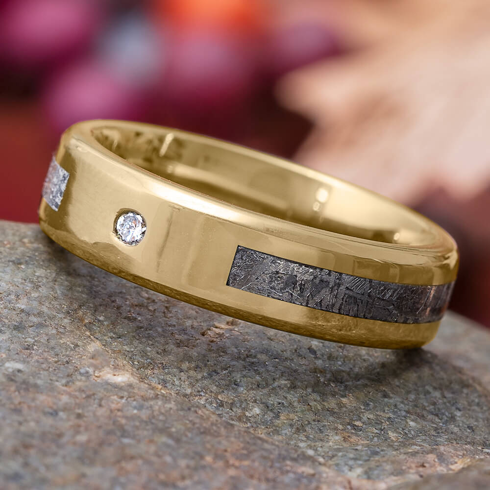 Meteorite and Yellow Gold Wedding Band with Diamond