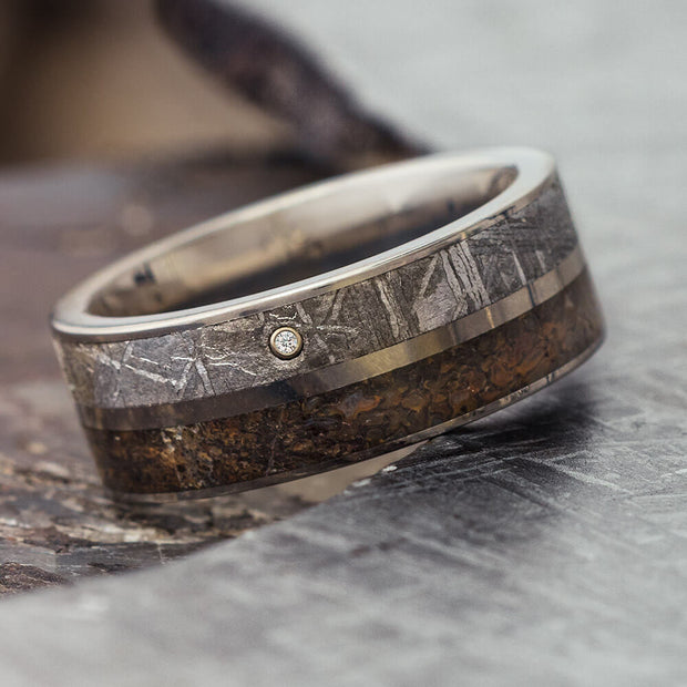 Dinosaur Bone Wedding Band With A Diamond In Meteorite-1835 - Jewelry by Johan