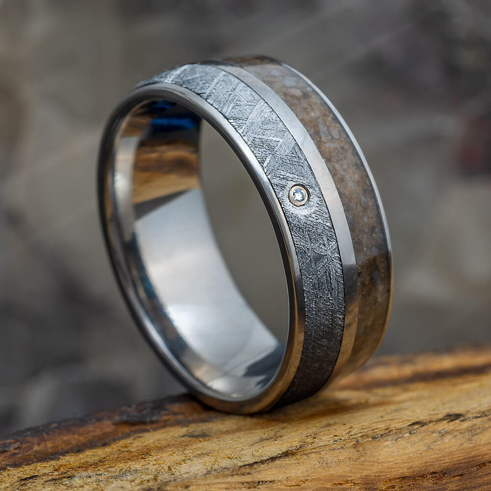 Meteorite and Crushed Dinosaur Bone Wedding Band