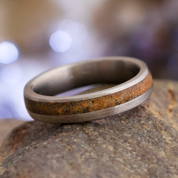Thin Dinosaur Bone Ring in Brushed Titanium Band-1892 - Jewelry by Johan