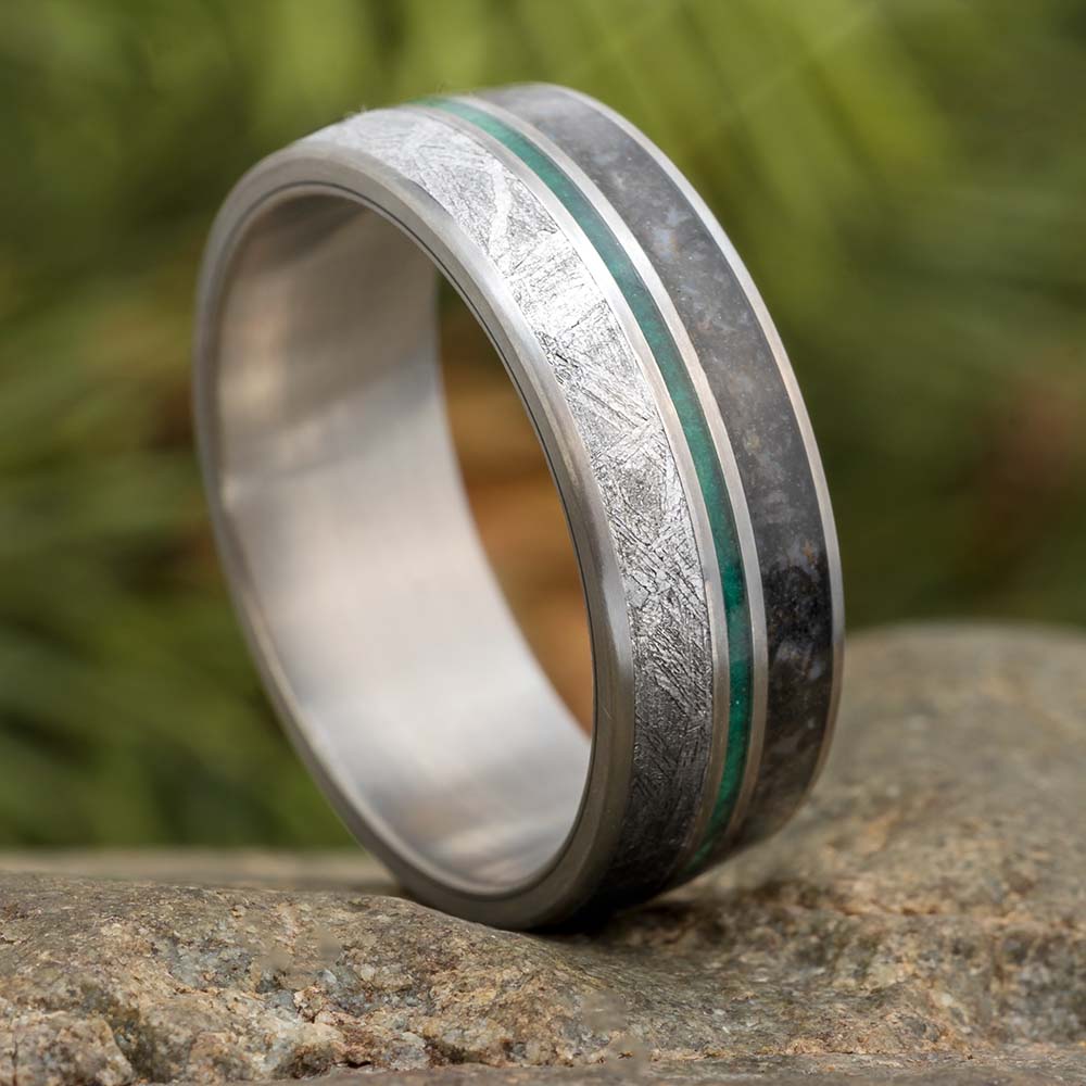 Meteorite and Fossil Ring with Green Wood Pinstripe