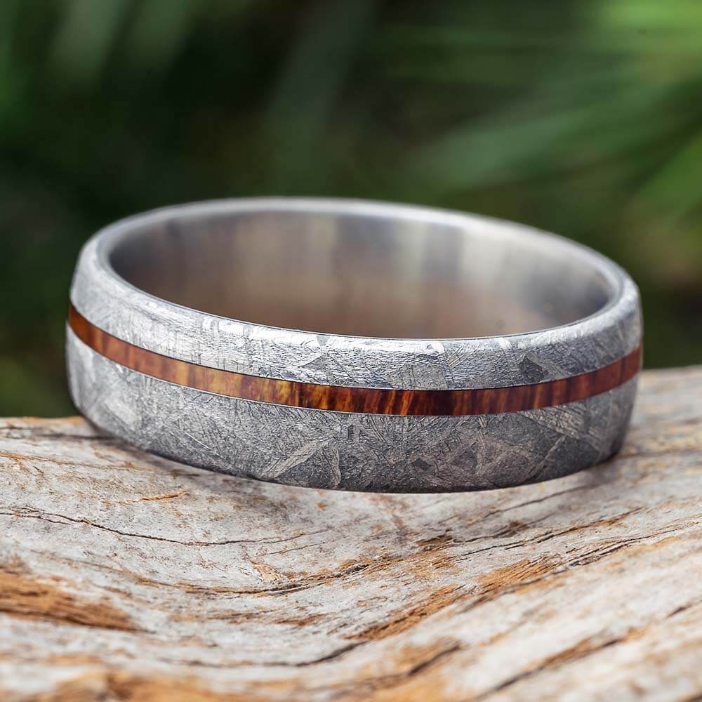 Meteorite Ring with Thin Koa Wood Pinstripe Over Titanium-1964 - JBJ