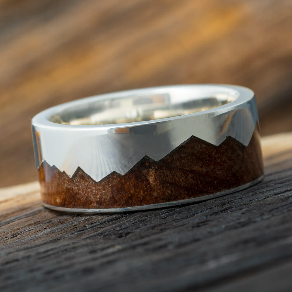 Mountain Ring with Natural Redwood, Sterling Silver Wedding Band-1998 - Jewelry by Johan