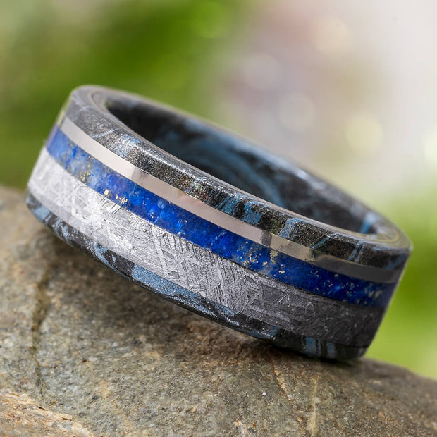 Meteorite and Lapis Lazuli Wedding Band with Mokume Gane