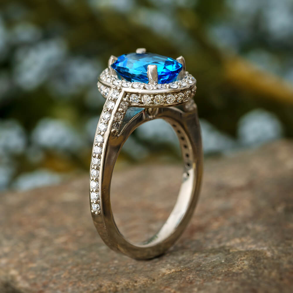 Swiss Blue Topaz Engagement Ring With Diamond Halo In White Gold-2084 - Jewelry by Johan