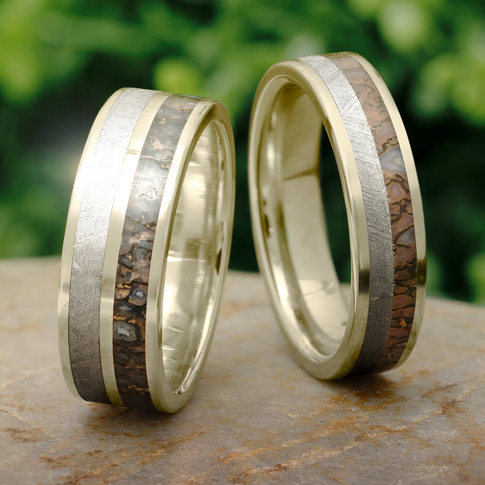 Matching His and Hers Wedding Bands With Meteorite & Dinosaur Bone