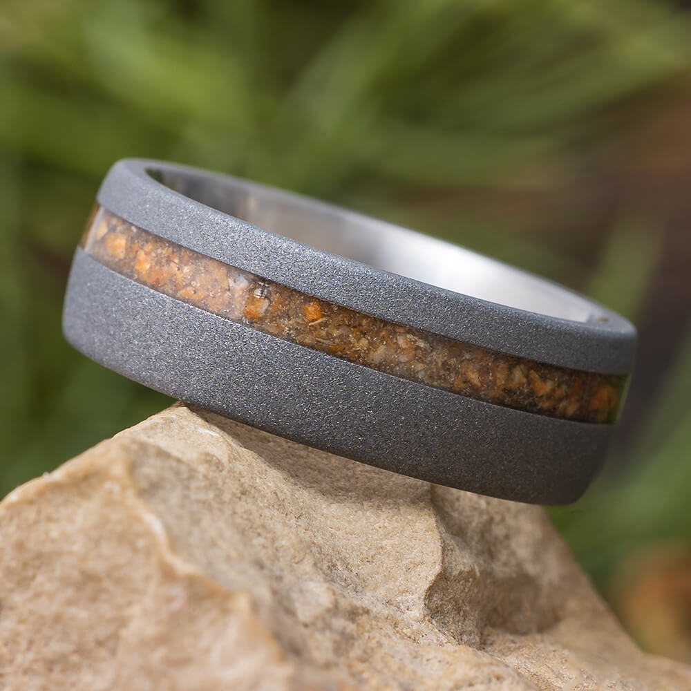 Sandblasted Titanium Wedding Band with Dinosaur Bone