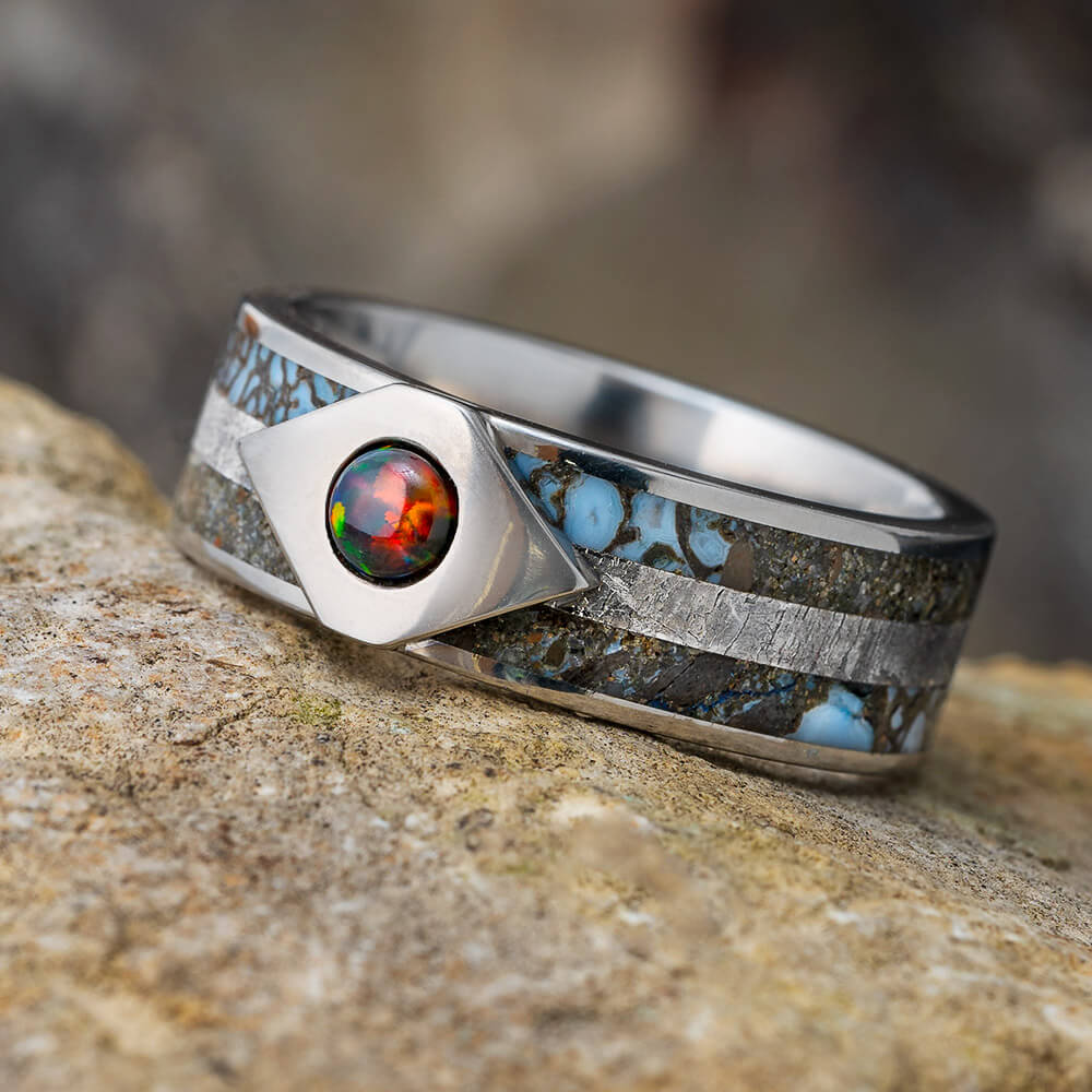 Black Fire Opal Ring with Dinosaur Bone Jewelry By Johan