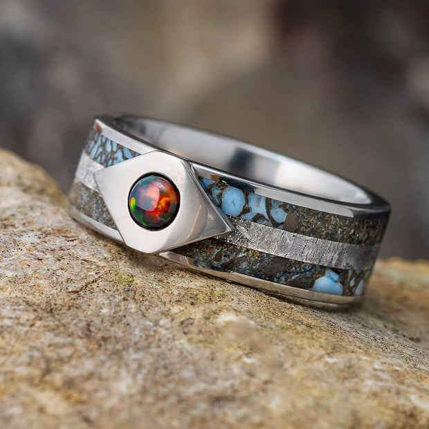 Black Fire Opal Ring With Dinosaur Bone And Meteorite Inlays-2181 - Jewelry by Johan