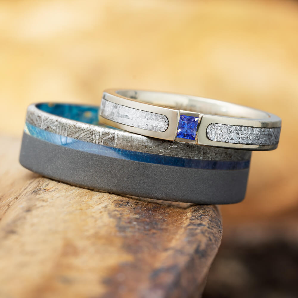 Blue Meteorite Wedding Ring Set