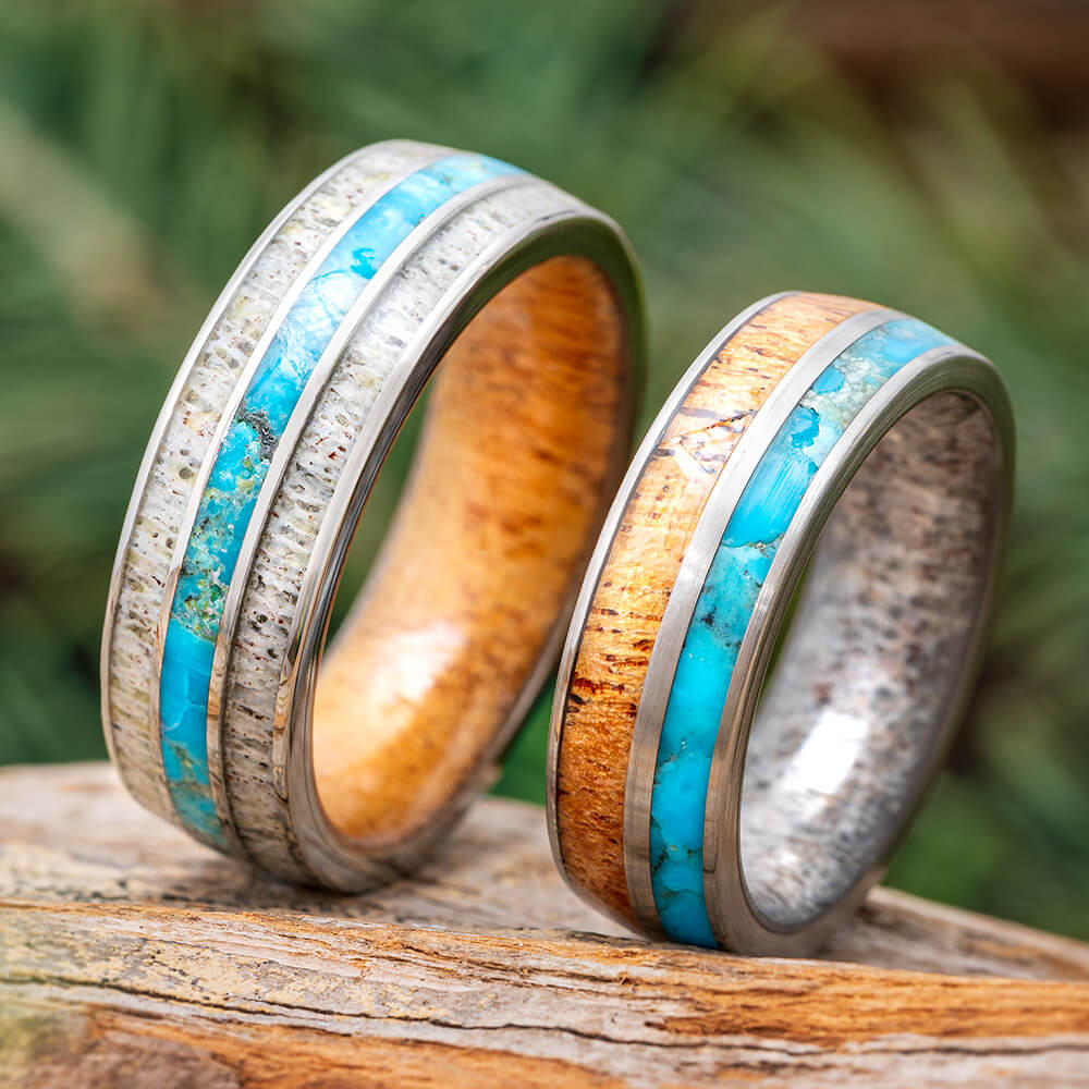 Matching Wood, Antler, and Turquoise Wedding Bands