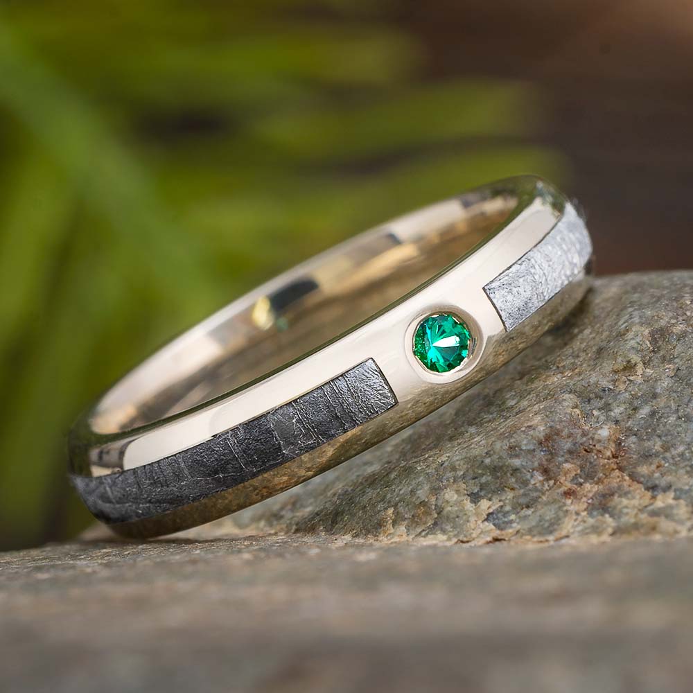 Meteorite and Emerald Wedding Ring