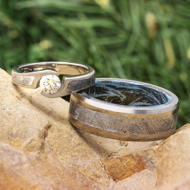 Matching His and Hers Meteorite Wedding Ring Set