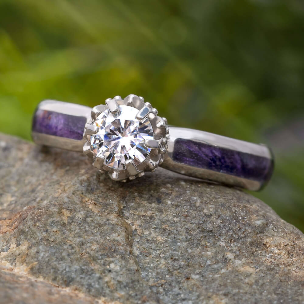 Platinum Engagement Ring with Purple Wood