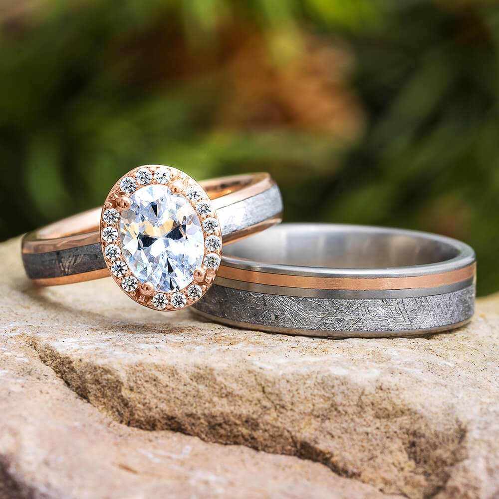 Rose Gold & Meteorite Wedding Ring Set With Oval Halo Engagement Ring - Jewelry by Johan