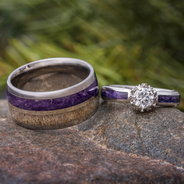 Antler and Purple Wood Wedding Band