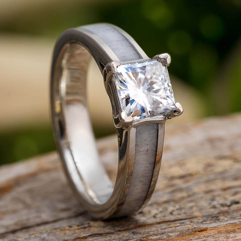 White Gold Engagement Ring with Deer Antler