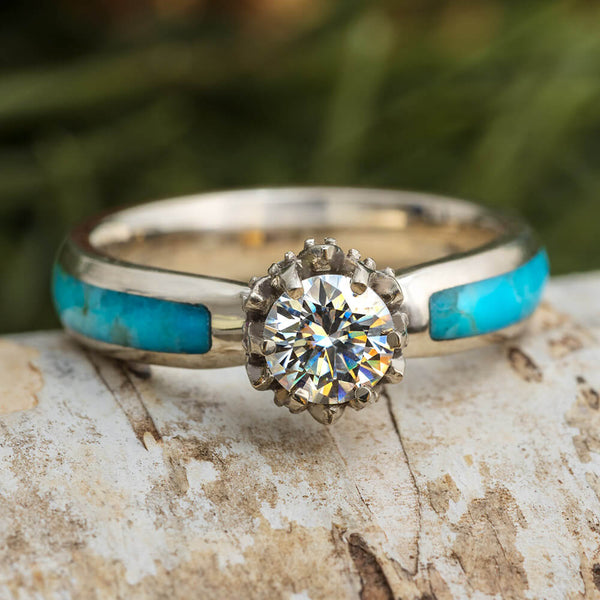 Moissanite & Turquoise Engagement Ring With Lotus Setting - Unknown - Send  Ring Sizer First