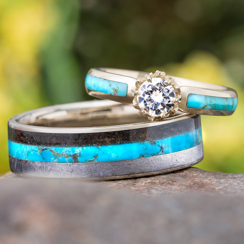 Turquoise Wedding Ring Set with Lotus Stone Setting | Jewelry by Johan ...