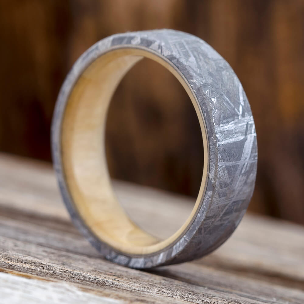 Meteorite Men's Wedding Band With Whiskey Barrel Wood Sleeve