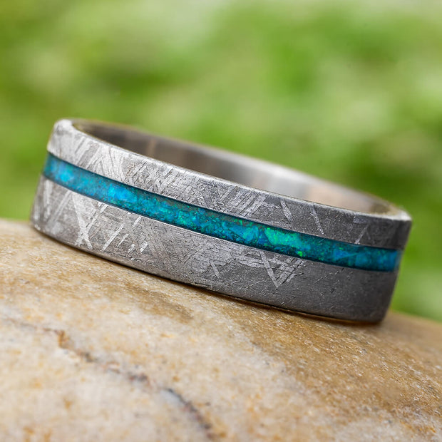 Meteorite and Opal Wedding Band