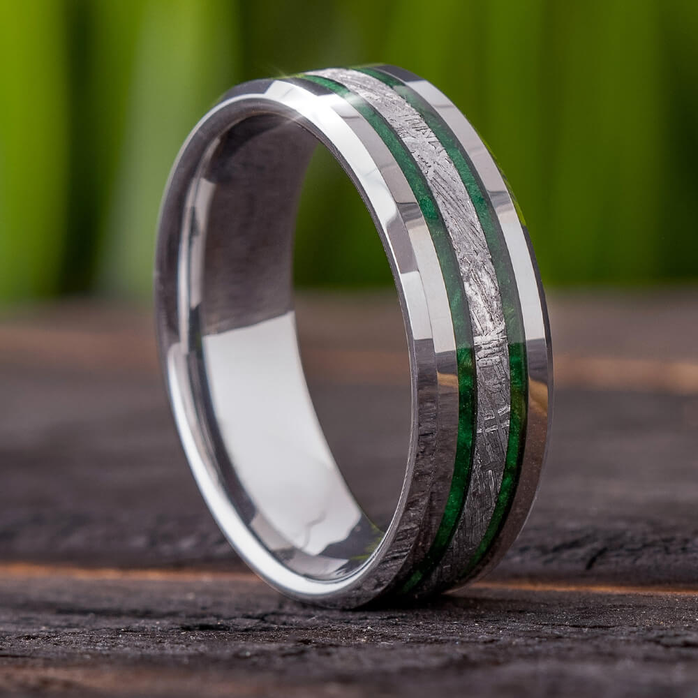 Tungsten Ring with Meteorite and Green Wood