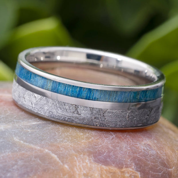 Meteorite and Blue Wood Wedding Band