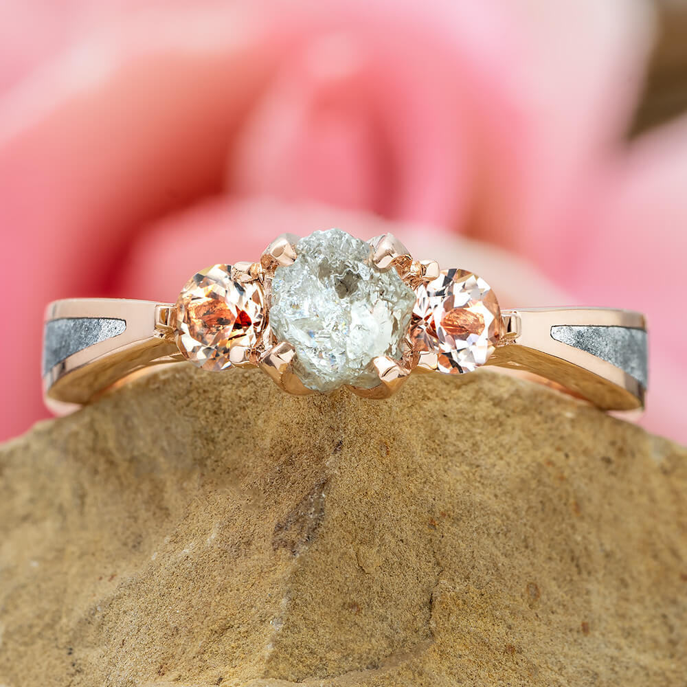 Three Stone Rose Gold Engagement Ring with Meteorite