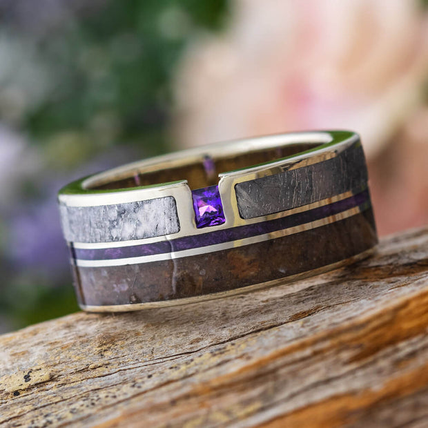 Amethyst Wedding Ring With Dino Bone, Meteorite And Purple Wood-2517 - Jewelry by Johan