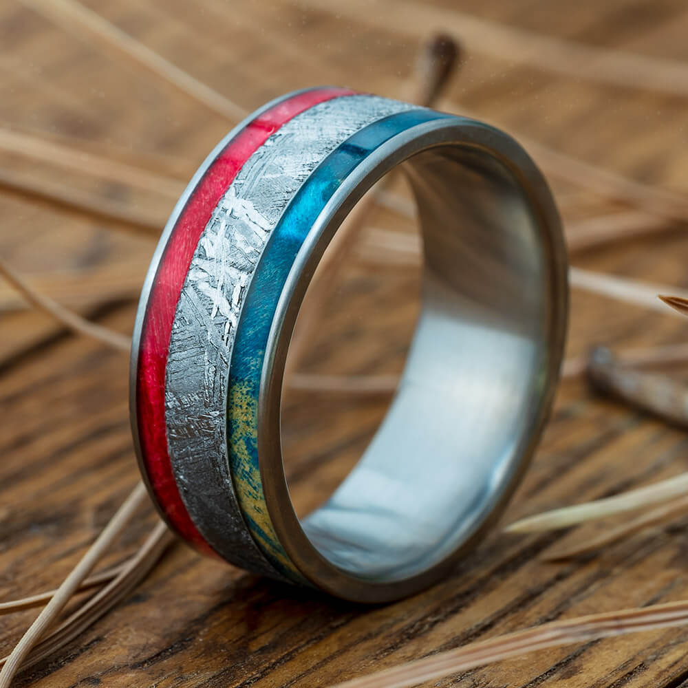 Red And Blue Box Elder Burl Wood Ring With Meteorite-2518 - Jewelry by Johan