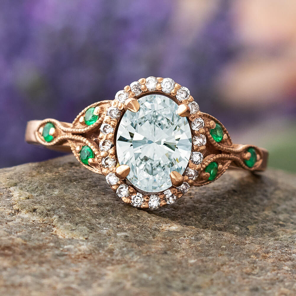 Oval Halo Engagement Ring With Emerald Accent Stones-2554 - Jewelry by Johan