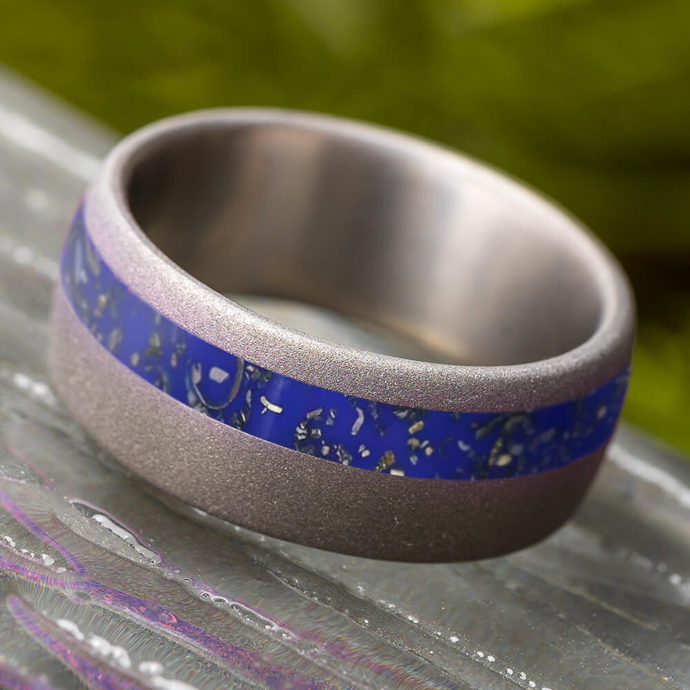 Blue Stardust Wedding Band in Sandblasted Titanium