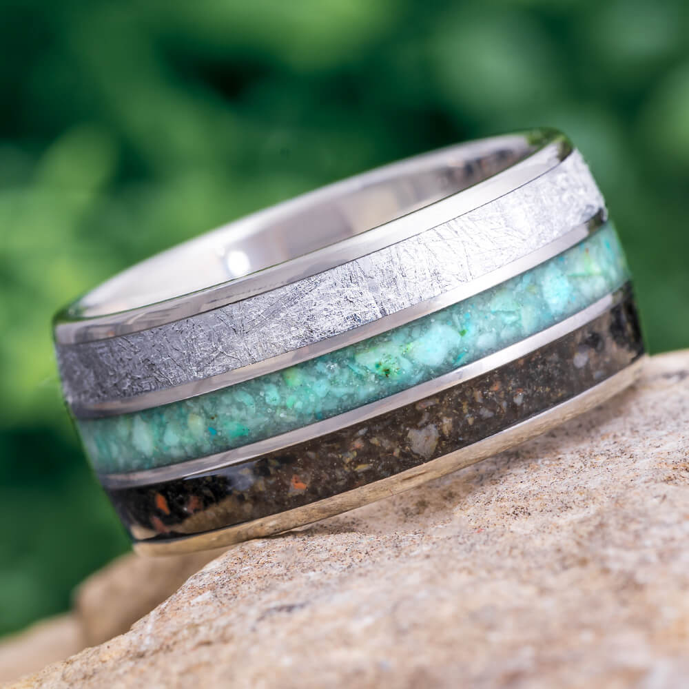 Meteorite and Fossil Wedding Band