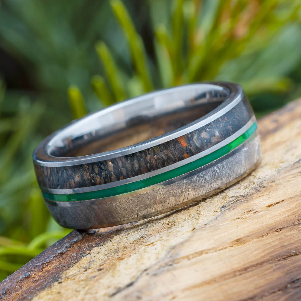 Meteorite and Dino Ring with Green Pinstripe