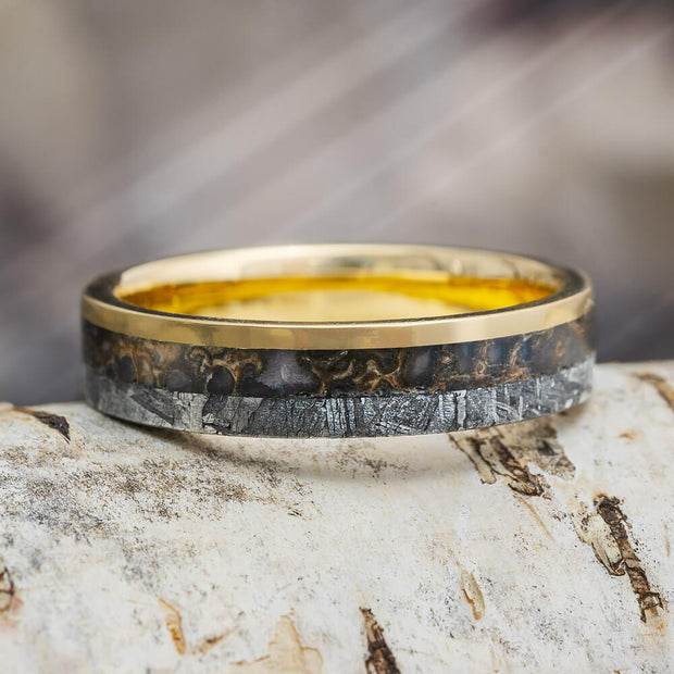 Meteorite and Yellow Gold Wedding Band