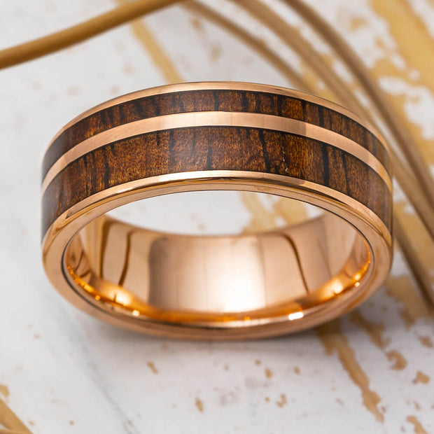 Rose Gold Wedding Band with Koa Wood