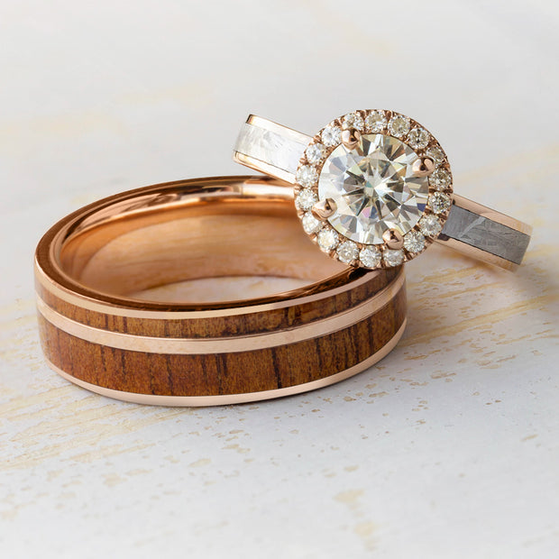 Meteorite and Rosewood His and Hers Wedding Ring Set
