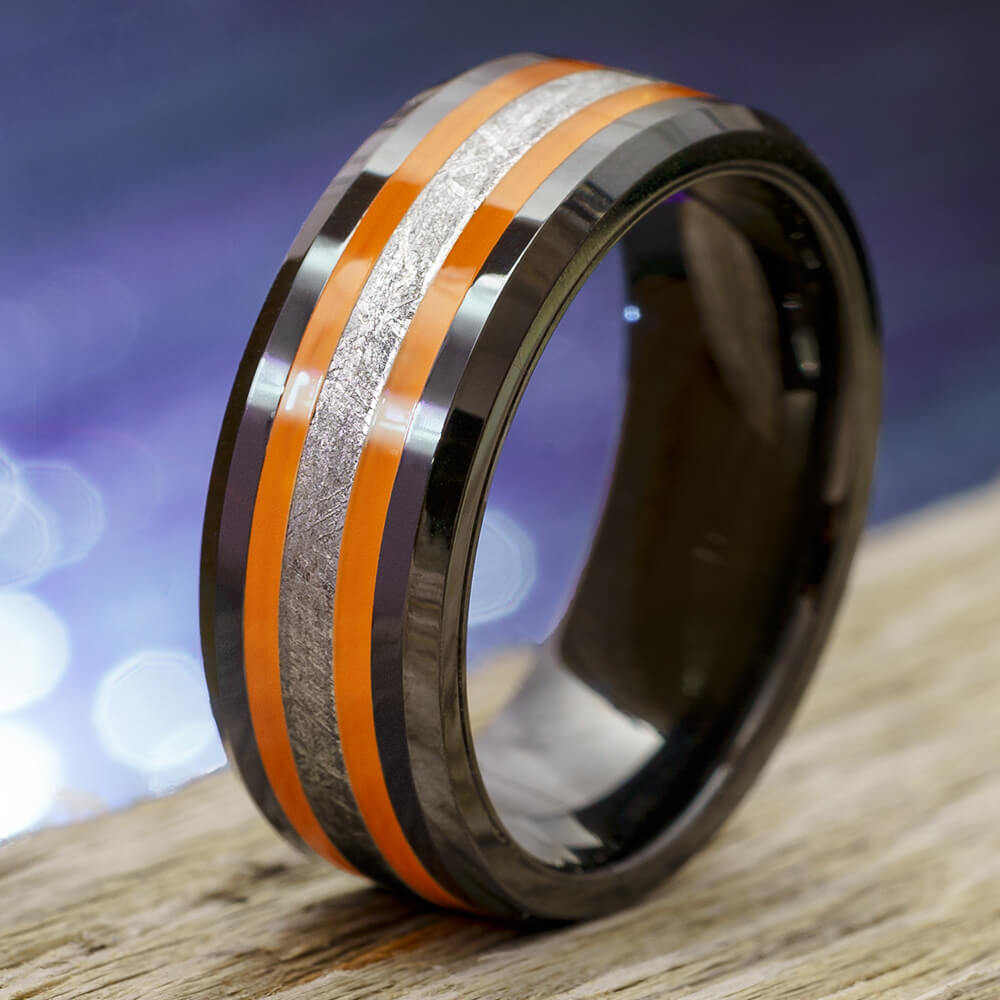 Meteorite and Orange Enamel Wedding Band