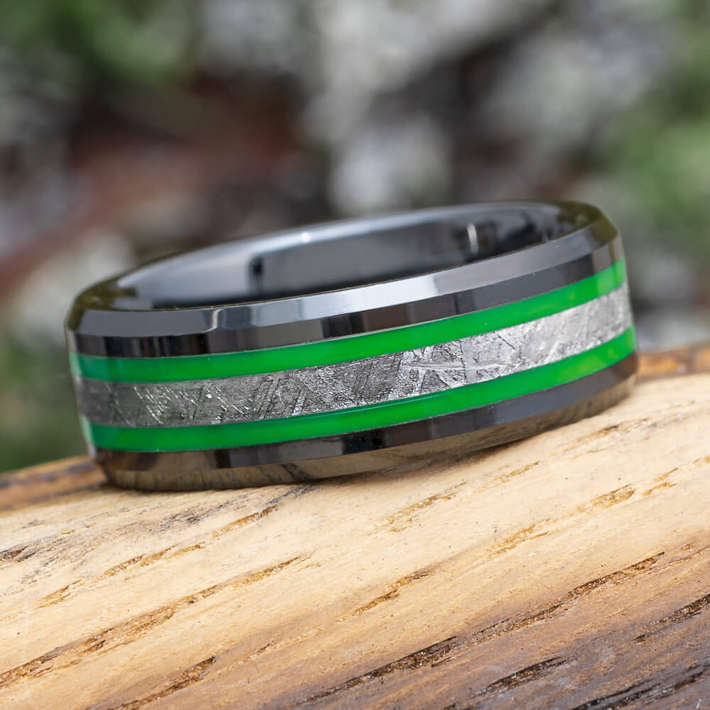 Meteorite Ring with Green Enamel Pinstripes