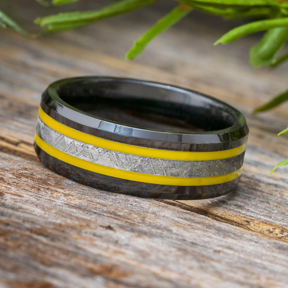 Yellow Meteorite Wedding Band with Black Ceramic