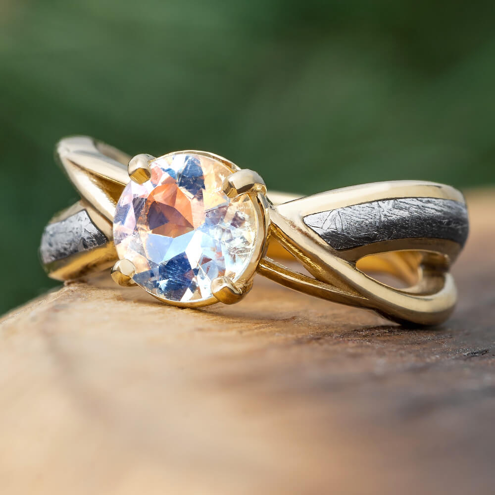 Yellow Gold and Meteorite Engagement Ring with Moonstone