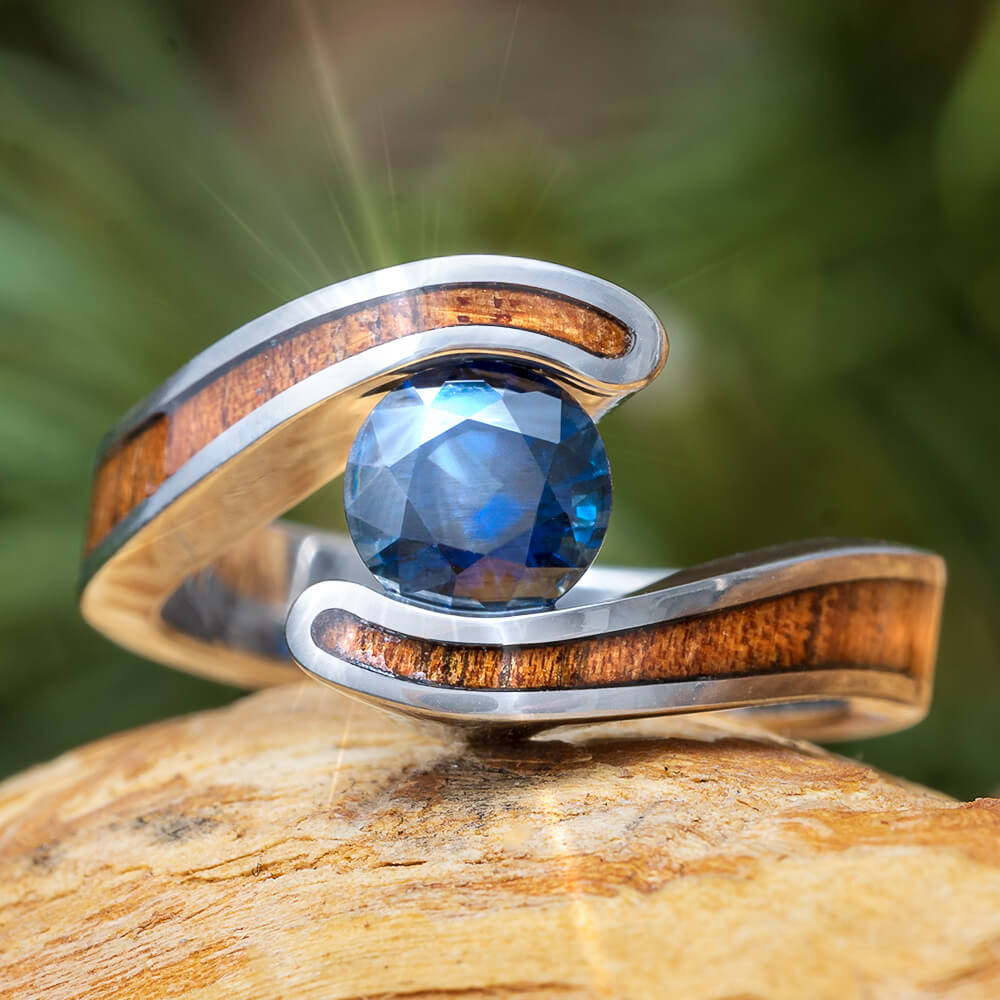 SOLD Blue Sapphire Tension Setting Ring, Stainless Steel Ring