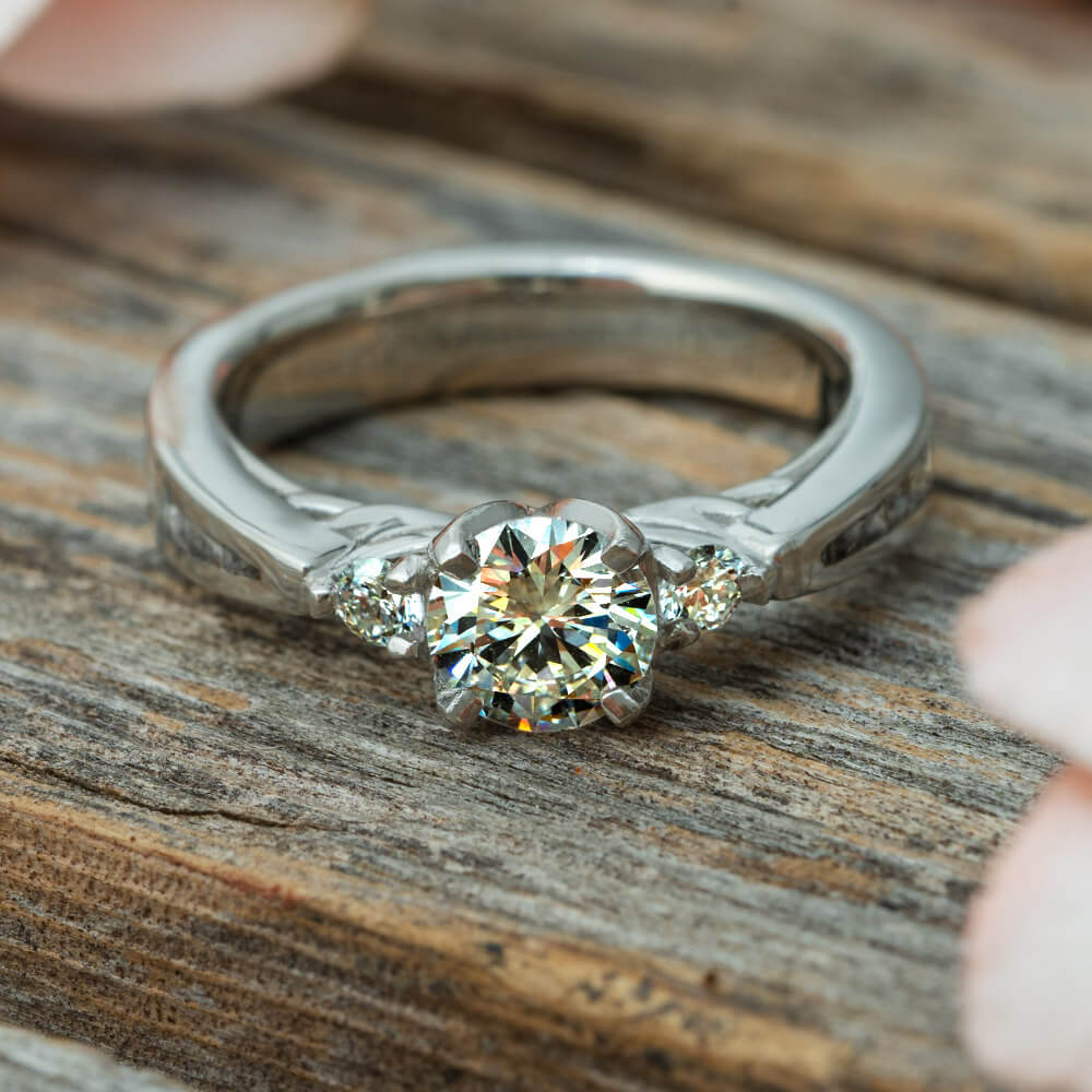 Three Stone Diamond Engagement Ring With Meteorite in Platinum-2669 - Jewelry by Johan