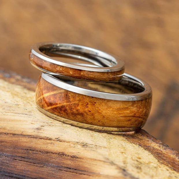 Matching Whiskey Barrel Oak Wood Wedding Bands