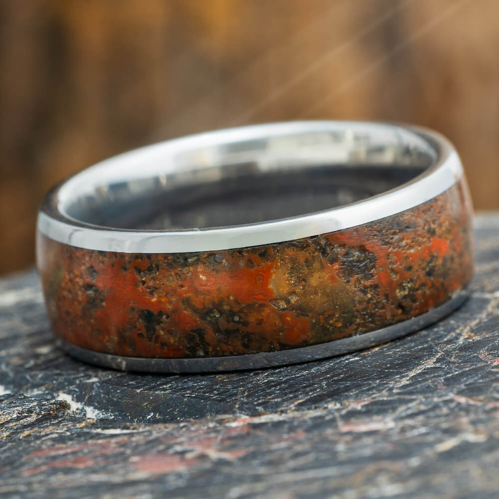 Exotic Petrified Wood Ring with Titanium Edges